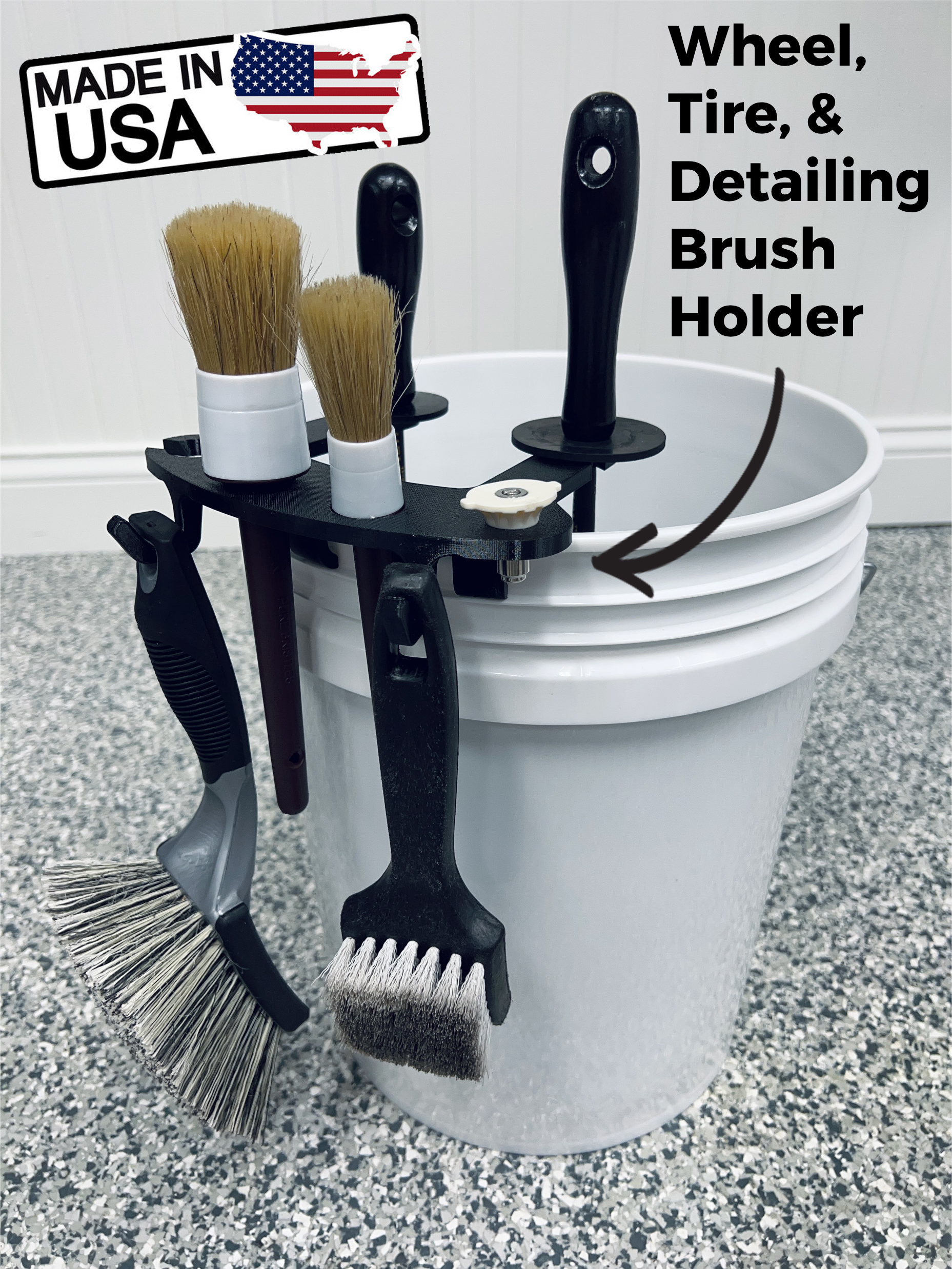 Stubby Nozzle Co. BucketCaddy™ - The Wheel, Tire, & Detailing Brush Holder Mount Attachment for 5-gallon and 6-gallon Car Wash Buckets